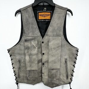 Men's Motorcycle Leather Vest w/ Laces On Distressed Brown With Holster Pockets